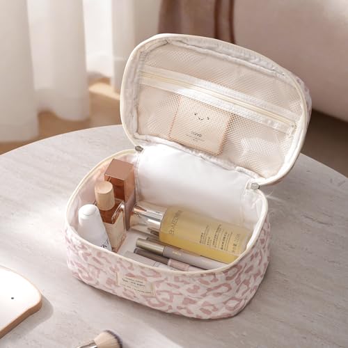 Large Quilted Makeup Bag for Women - 31 Pink Leopard