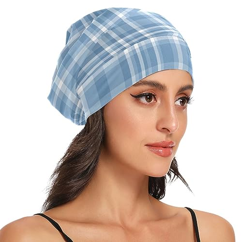 ElliTarr Satin Lined Sleep Bonnet for Curly Hair - Blue Plaid