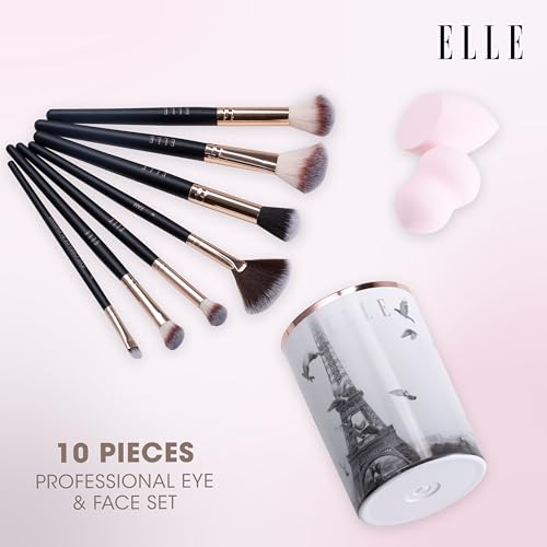 ELLE 10-Piece Professional Makeup Brush Set - Soft Synthetic Bristles