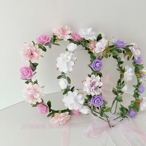 Vividsun Floral Hair Wreath Crown Headpiece - 3 Pcs Adjustable Rose Flower Garland