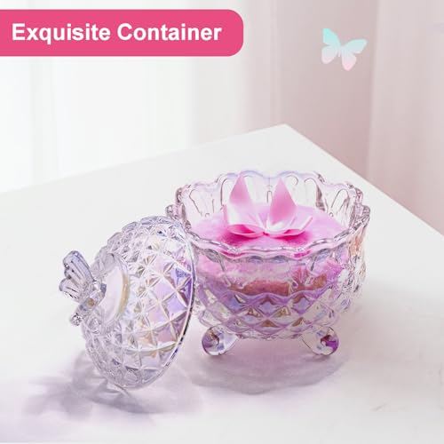 Qopoto Crystal Glass Powder Container with 4 Soft Velvet Body Powder Puffs