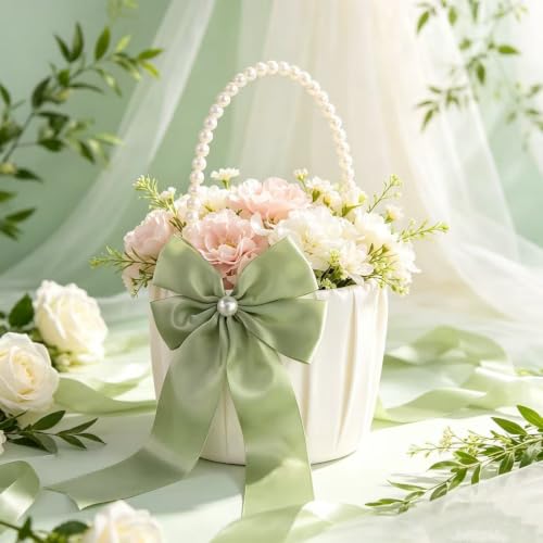 Sage Green Flower Girl Basket with Pearl Handle - Wedding Decor