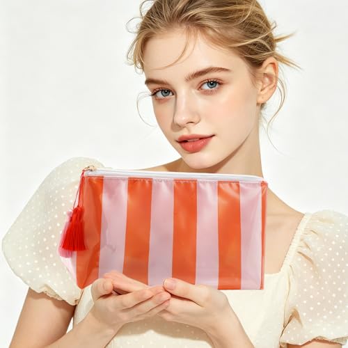 Cute Pink-Orange Striped Makeup Bag - Waterproof Travel Pouch