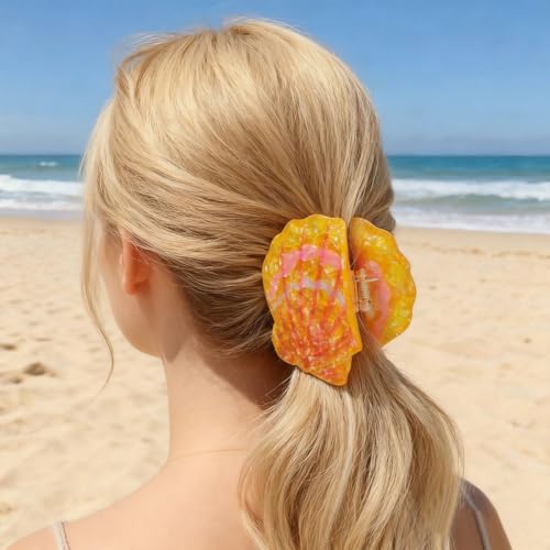 Large Shell Hair Claw Clip for Thick Hair, Orange Marble Summer Accessory