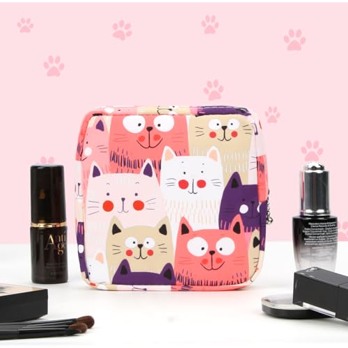 Likesing Cat Pink Mini Makeup Bag 5.1x5.1x1.6 in Nylon Travel Pouch for Women