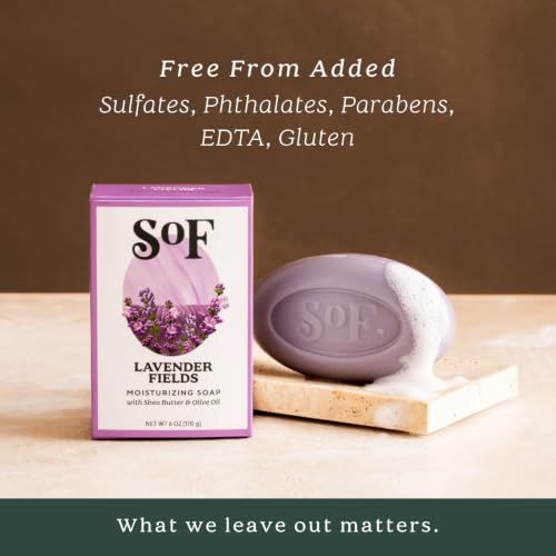 Lavender Fields Moisturizing Bar Soap Pack of 4 - Coconut Oil & Shea Butter - 6 oz Each - Vegan & Organic - SoF South Of France