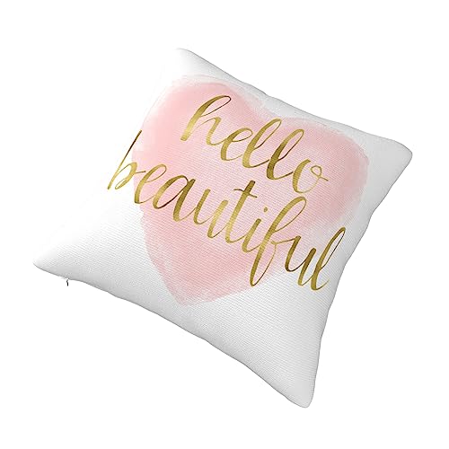 Hello Beautiful Throw Pillow Cover - Blush Pink Gold Watercolor Heart 16x16