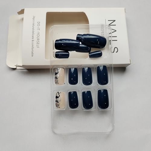 ZWENJIE Style-01 Short Square Blue Press-On Nails with Glitter Silver Rhombus Design 24Pcs