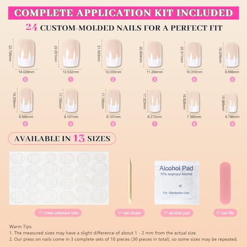 EchiQ Medium Square Press-On Nails - Nude French Tips, 24pcs