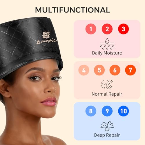 Amzpic Black Thermal Heat Cap for Deep Conditioning - Electric Hair Steamer with 10-Level Temperature Control