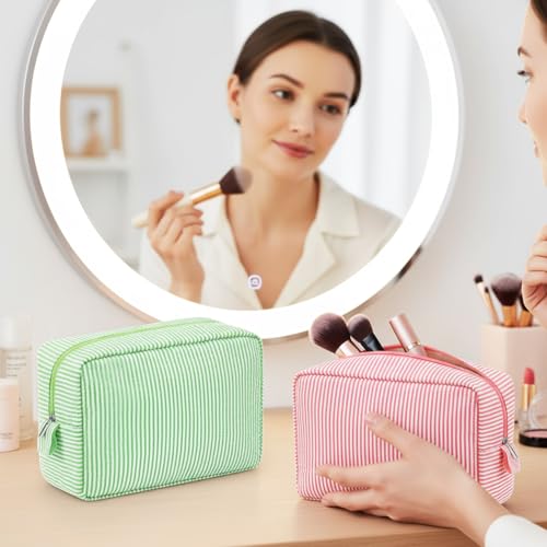 Sanwuta 3-Pack Seersucker Makeup Bags for Women - Pink, Blue, Green