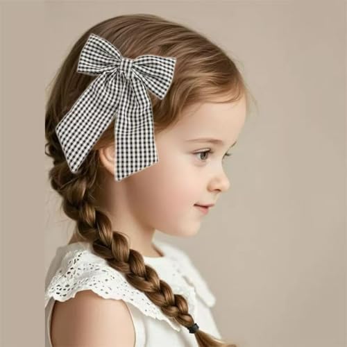 YYKITCHEN 6in Buffalo Plaid Hair Bow & Clip Set for Girls – Alligator Clip Hair Accessories, First Day of School Gift, Black & White, Variation A