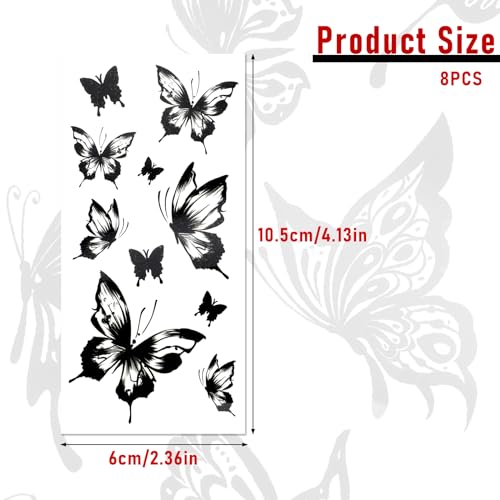 8 Black Butterfly Temporary Tattoos - Waterproof & Realistic Design