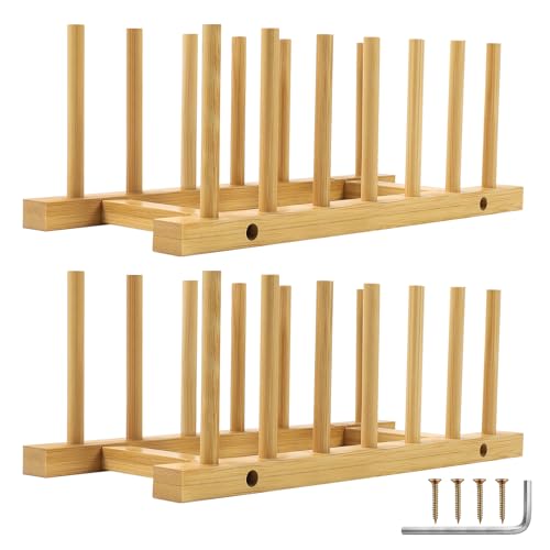DEBETOOL Bamboo Dish Rack Holder - 2-Pack Vertical Plate Organizer