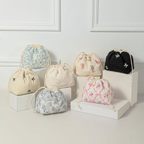 UEKEBOAG Pink Bows Cotton Quilted Drawstring Makeup Bag - Large, Foldable, Stylish Cosmetic Organizer