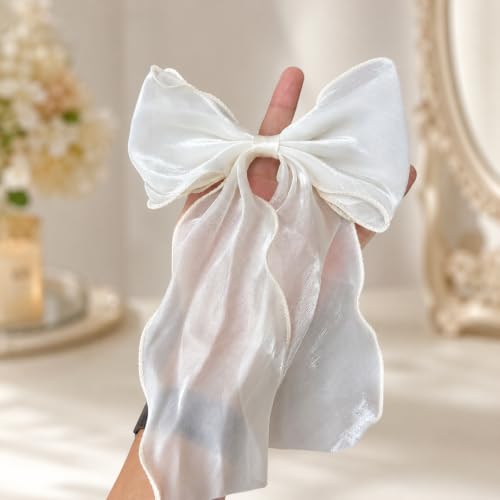 Chirende White Large Bow Hair Clip with Long Tail Cozy Coquette Style