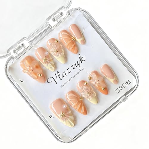 Vlazryk Handmade Medium Almond Press-On Nails with 3D Floral & Metal Charms