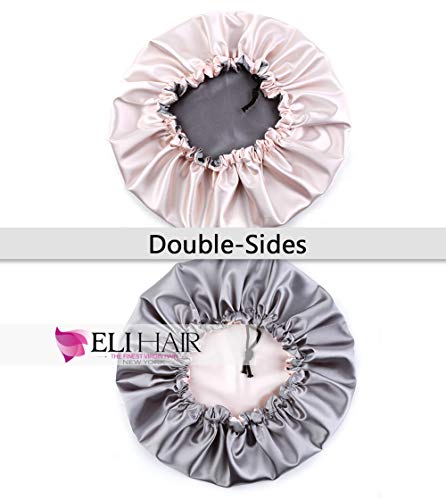 X-Large Silky Sleep Cap for Frizzy Hair - Adjustable Satin Bonnet, Reversible Champagne/Grey