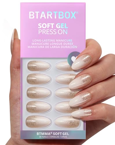 BTArtbox Press On Nails Full Kit - Medium Almond White Fake Nails with Champagne Frost Variation, 30pcs