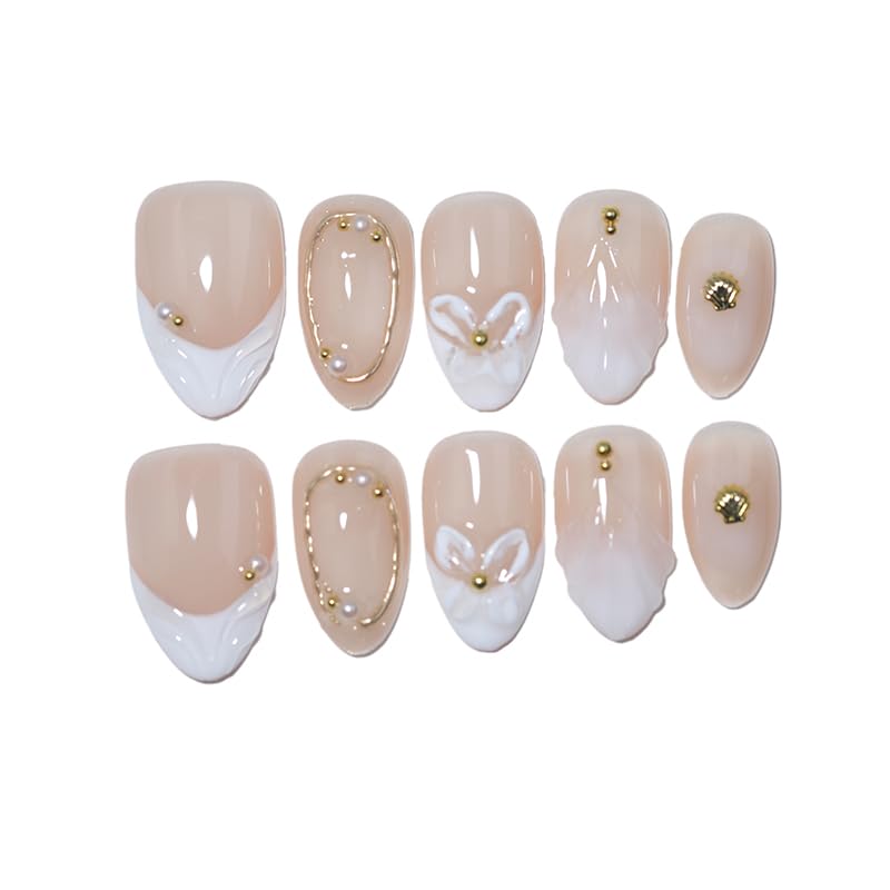 Handmade Press On Nails - Nude Pink Glitter French Tips | 10 Pcs Reusable & Easy to Apply