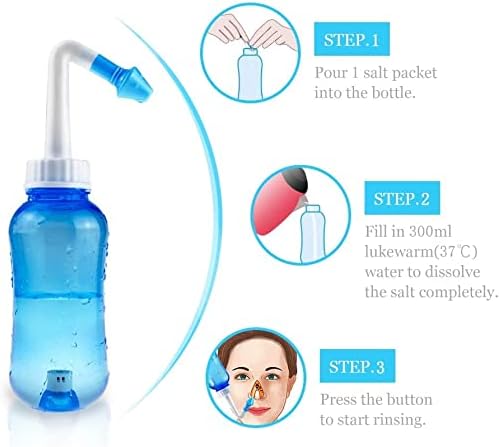 Neti Pot for Sinus Rinsing - Nasal Wash Bottle with Thermometer & 30 Salt Packets | 300ml, Blue