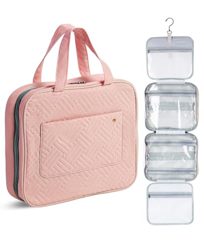 Travel Toiletry Bag Organizer - Foldable Water-Resistant Cosmetic & Grooming Travel Bag for Men & Women, Pink