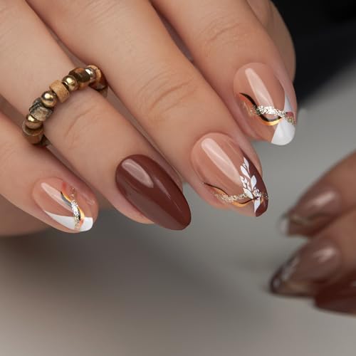 Curvlife Line & Leaf Design Medium Press On Nails Kit - Reusable False Almond Tips with Gold Accents, Glue & Tools Included