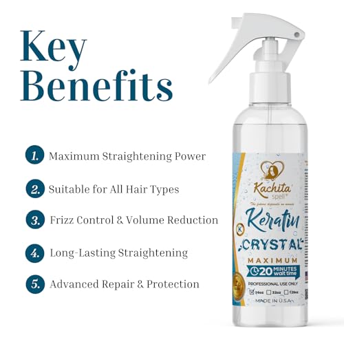 Kachita Spell Keratin Crystal Maximum 20-Minute Express Keratin Hair Straightening Treatment Spray for Long Lasting Blowouts, Home & Professional Use, Keratina / Queratina en Spray, 16 fl oz
