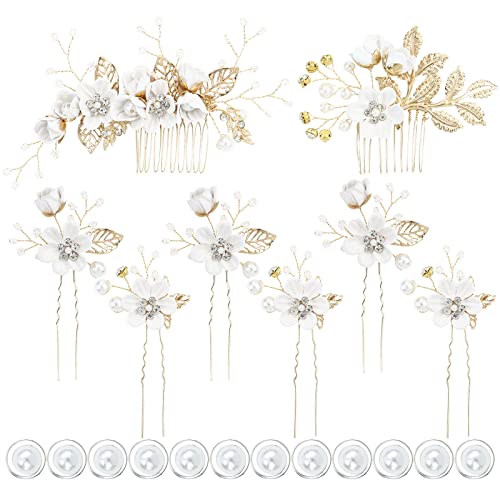 20 Pack White Flower Hair Combs & Pearl Hair Pins Bridal Accessories