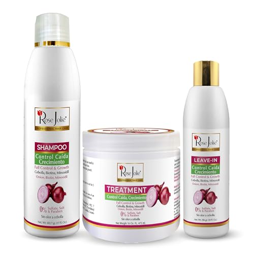 Rose Jolie Onion & Biotin Hair Growth Bundle | 3 Items | Shampoo 17 oz, Hair Mask 16 oz & Leave In Conditioner 10 oz | Hair Fall Control | Sulfate Free Paraben Free