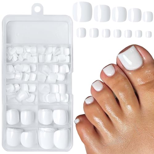 LuckForever White Press On Toenails Kit with 240 Tips & Adhesive Tabs - Short Square Fake Toenails for DIY Pedicure