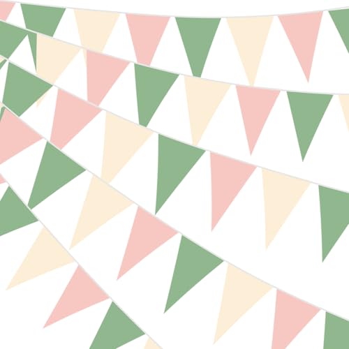 Sage Green and Pink Pennant Banner Garland - 49.2 Ft for Parties