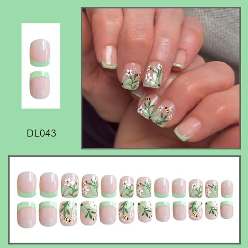 Green French Tip Press-On Nails | Floral Design, 24 Pcs
