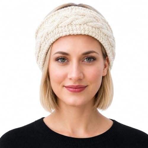 Handmade Himalayan Wool Headband - Wide Cable Knit Ear Warmer, White