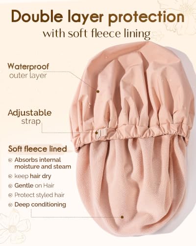 YANIBEST Adjustable Shower Cap with Fleece Lining - Large Peachy Pink