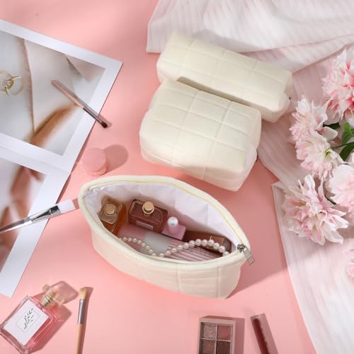 3-Piece Puffy Quilted Makeup Bag Set, Aesthetic Checkered Travel Organizer