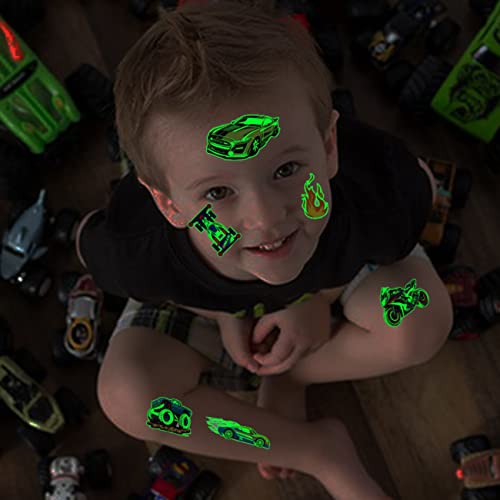 Glow in The Dark Race Car Tattoos for Kids – Waterproof & Removable, 24 Sheets