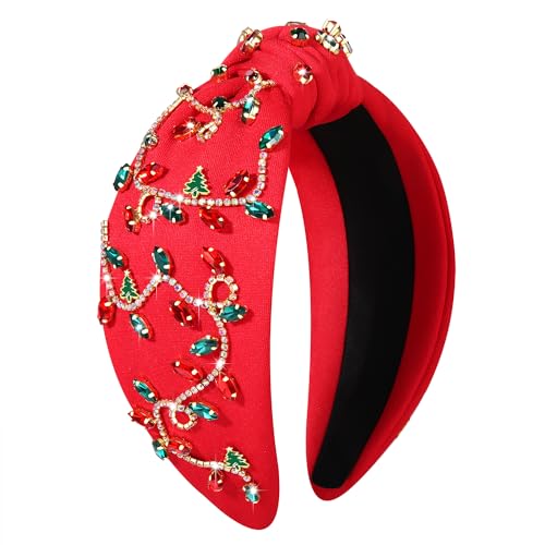 Red Rhinestone Christmas Headband for Women - Jeweled Knotted Design