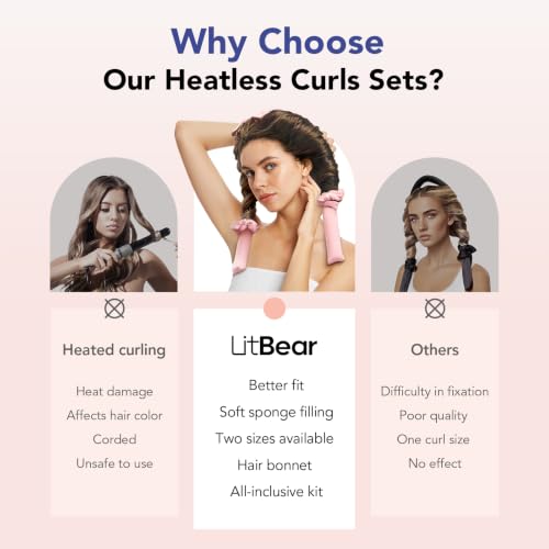 LitBear Pink Heatless Curlers Set with Soft Hair Rollers for Overnight Styling