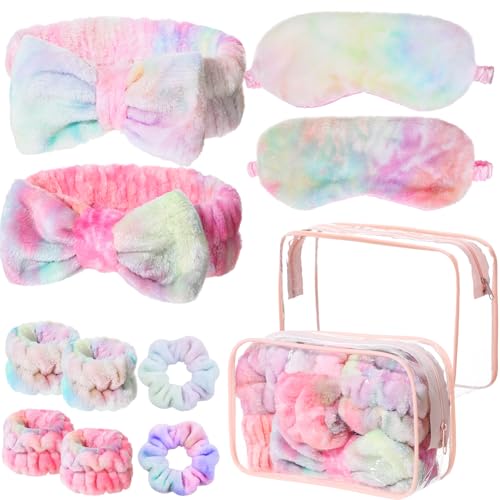 Tie Dye Rainbow Spa Party Supplies Set - 10 Pcs Headband, Eye Mask & Scrunchies