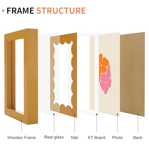 4x6 Yellow Wooden Picture Frame with Real Glass and Wavy Mat