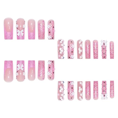 RUOKEXIN Long Square Press On Nails Pink French Tip Glitter Butterfly Design - Model C6C31 - 24 Pcs