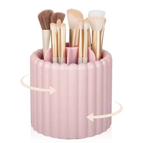 Rotating Makeup Brush Holder Organizer with 7 Removable Slots - Pink