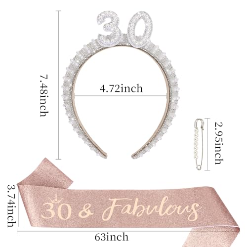 30th Birthday Headband, Sash & Pearl Pin Set - Party Decorations for Her