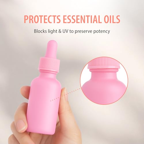 Focus Nutrition 12 Pink Glass Boston Round Dropper Bottles 1oz for Essential Oils & Aromatherapy