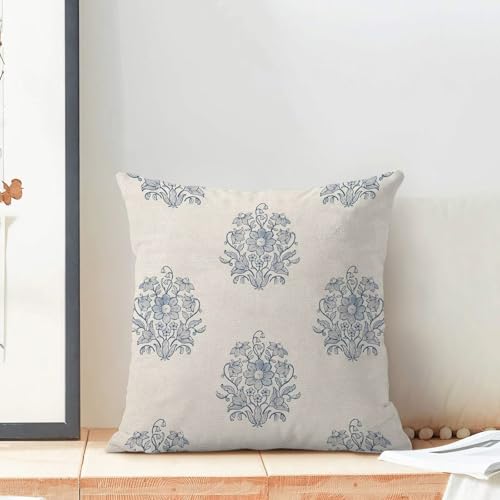 Light Blue Floral Pillow Covers 16x16 Inch Set of 2 - Linen