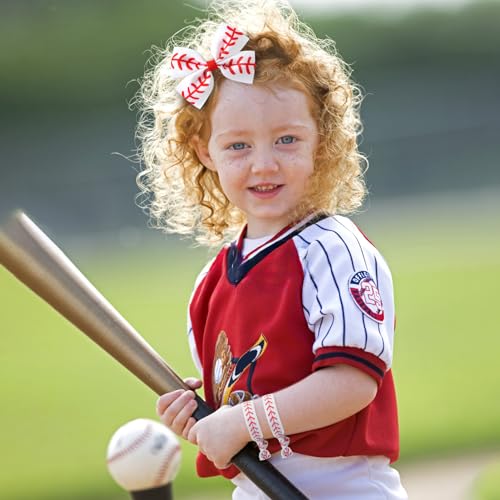 JiaDuo White-Red 2PC Baseball Hair Bow Clip & 6PC Elastic Hair Ties Girls Cheer Accessories