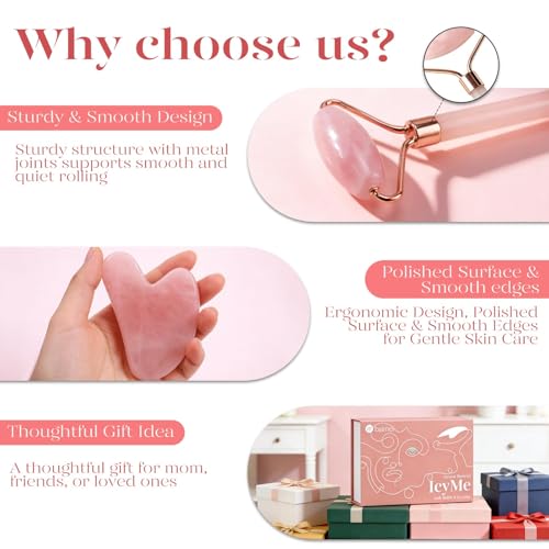 BAIMEI Pink Rose Quartz Roller & Gua Sha Set for Facial Care