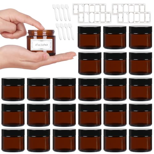 2 oz Amber Glass Jars 24-Pack with Airtight Lids & Stickers