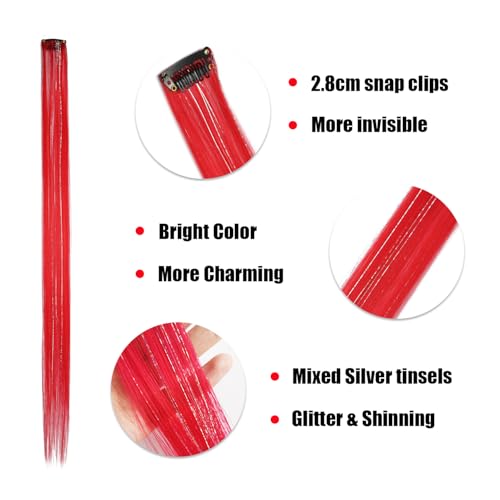 EXTACIO Red Clip-in Hair Extensions 22 Inch Rainbow Highlights with Silver Tinsels